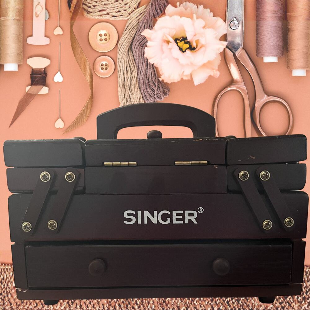 Vintage Singer Wooden Fold-Out Notions Travel Sewing Box 8" x 5" w/ Accessories